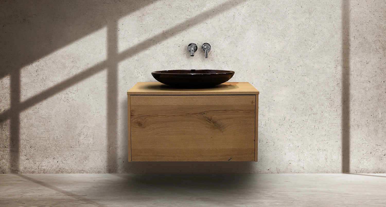 Möbel im Bad Waschtischunterschrank Eiche Antik mit Aufsatzwaschbecken Modell 2023